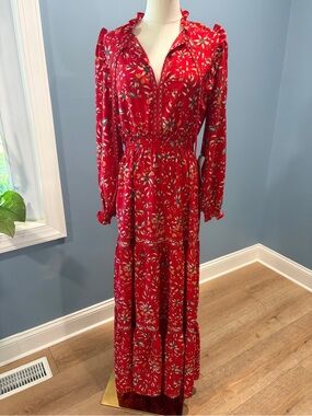 Max Studio London Red Floral Ruffle Maxi Dress Medium NWT